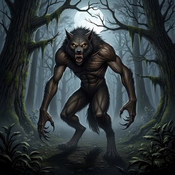 Fierce werewolf howling under moonlight in forest