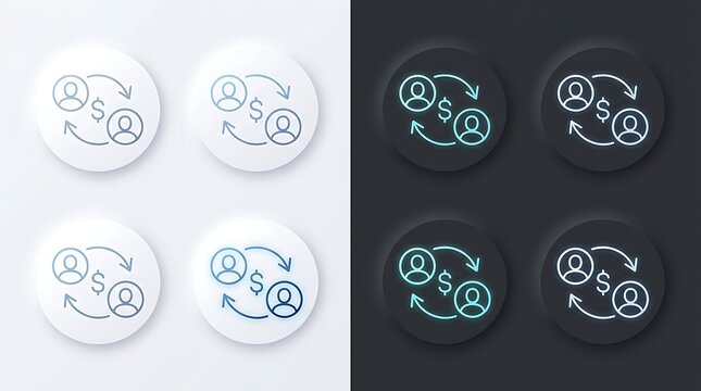 Neumorphic P2P Money Transfer Square Icon Set in Light and Dark Mode UI Design