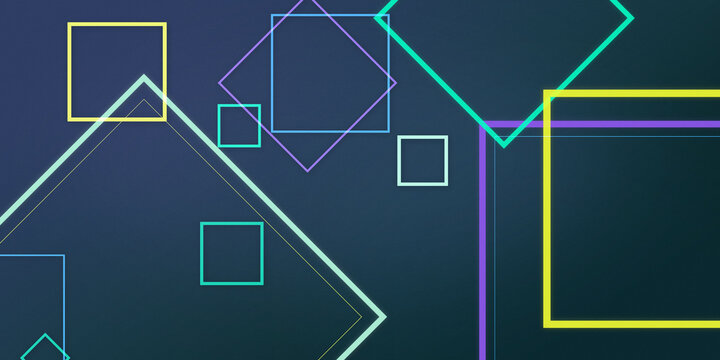 Vibrant outlined squares and angular shapes overlap in a sleek neon composition, creating a futuristic digital atmosphere ideal for technology, design, presentation, or website backgrounds.