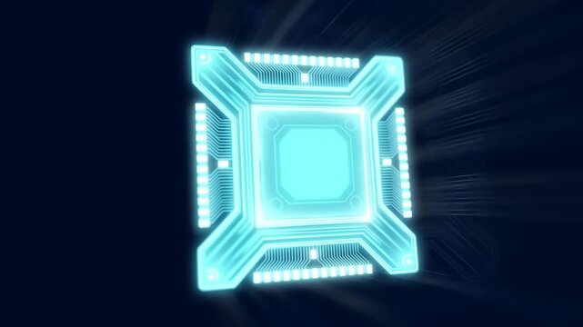 Glowing futuristic microchip processor floating in dark digital space.