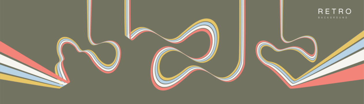 A retro 1970s-style background. Colorful lines. Abstract, dynamic curved ribbons. Designed for posters or banners for sports competitions and races. A collection of vector illustrations.