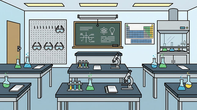 A detailed illustration of a modern school science laboratory classroom setup with equipment