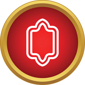 Red circular button featuring a stylized white outline of a decorative label shape