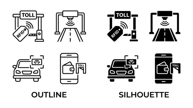 Toll Payment Icons: A collection of four graphic icons representing an automated toll collection system, featuring outline and silhouette versions of a toll booth, RFID tag.