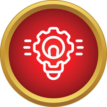 Light bulb and gear icon on a red button with a gold border