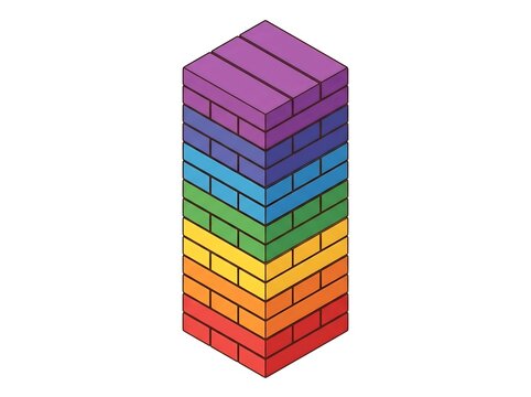 Isometric rainbow wooden block tower jenga vector illustration