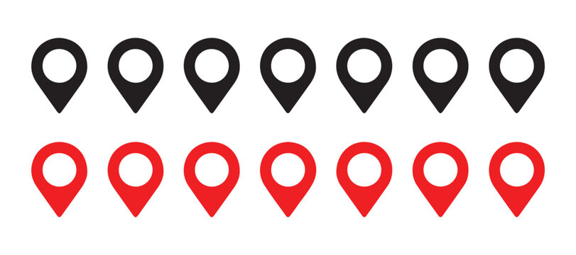 Assorted black and red map pin location markers for navigation design and geospatial mapping needs.