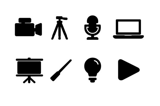 Tech Icon Grid. Tech Explanation Video. Filled icon set of Tech Explanation Video: video camera, tripod,