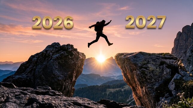 Hiker Jumping Across Mountain Gap from Year 2025 to 2026 at Sunrise Concept of Progress and Courage