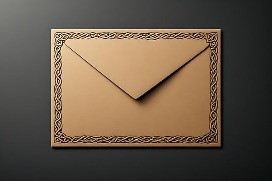 IA generated Celtic knot embossed kraft envelope mockup. Heritage stationery wedding invitation template with textured paper grain.
