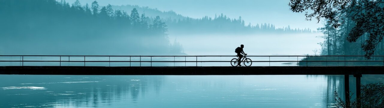 Cinematic biker journey in teal nature silhouette of a motorcyclist on a misty bridge over a serene teal landscape