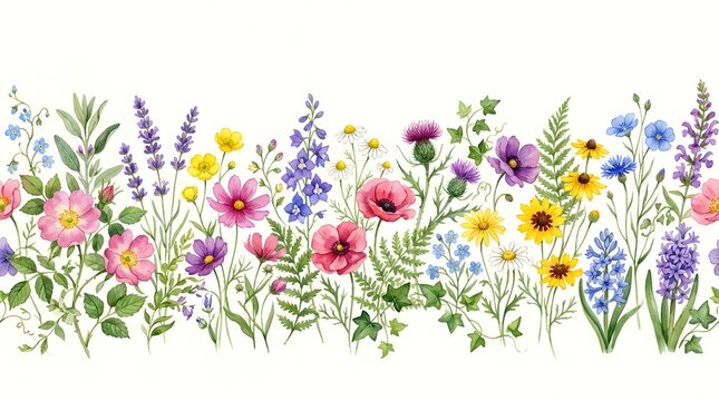 Delicate watercolor wildflower border with poppies lavender and cornflowers on white background