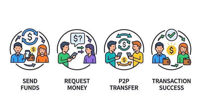 Peer to Peer Money Transfer and Request Money Vector Icon Set