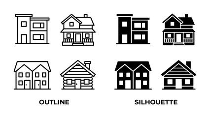 Fototapeta premium House Icon Collection: A set of graphic icons showcasing various house designs in both outline and silhouette styles, perfect for architectural or real estate representation.
