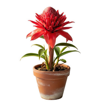 Etlingera elatior flower in terra cotta pot isolated on transparent background
