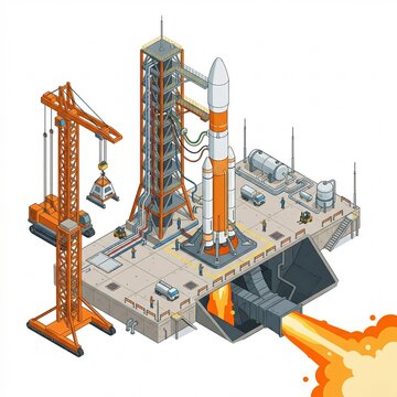 Isometric Rocket Launchpad and Spacecraft Preparation Illustratio