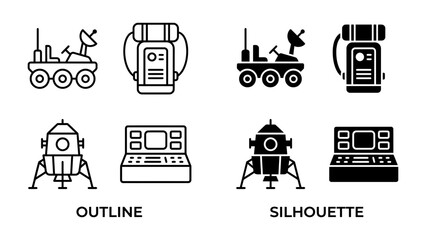 Space Exploration Icons: A collection of stylized icons representing space exploration technology, including a rover, a lander, and electronic devices, presented in both outline and silhouette styles. © Abu
