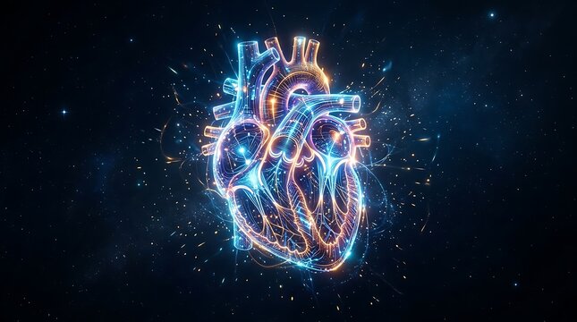 Glowing digital anatomical human heart in space