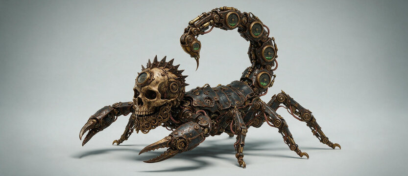 Steampunk mechanical scorpion with a human skull head. Biomechanical dark 3D concept of a robotic arachnid. Rusted metal cyborg monster with gears and gauges on a grey background
