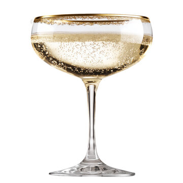 Crystal champagne coupe with golden bubbly drink isolated on white background, concept of celebration and elegance