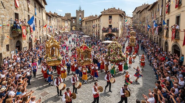 Historic Italian Town Square Filled with Festive Parade and Crowds.
