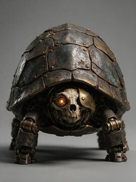 Biomechanical turtle with a skull head and glowing eye. Steampunk robotic animal concept on a grey background