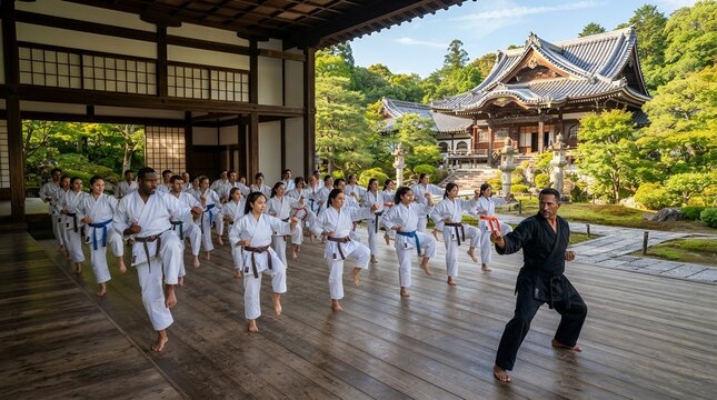 Martial arts class practicing karate outdoors in a Japanese garden setting.