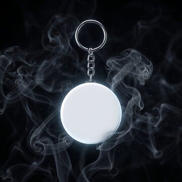 Blank round keyring mockup with smoky black background
