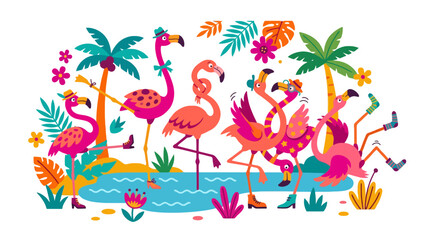 Naklejka premium Colorful Flamingos Tropical Illustration Artwork.