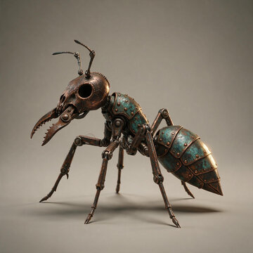 Biomechanical ant with a metallic skull head and large mandibles. Steampunk robotic insect made of riveted copper plates with green patina. Dark 3D concept art