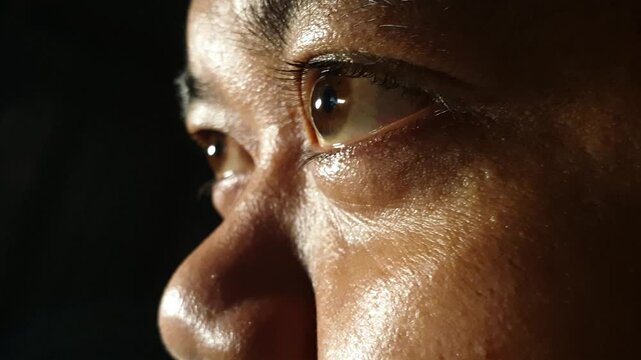 Macro side profile view of an adult Indonesian male brown eye looking forward under warm studio side light against a dark background, showing subtle eyelid blinking and focused iris
