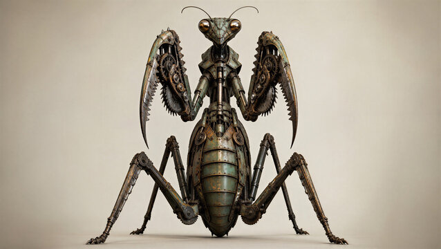 Mechanical steampunk praying mantis with saw blade arms. Rusty robotic insect with metal armor and gears. Dark biomechanics 3D concept