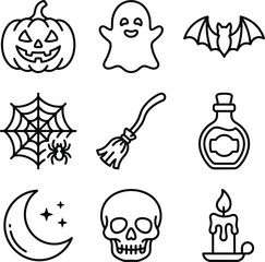 Fototapeta premium Set of Halloween icon outlines including pumpkin, ghost, bat, spiderweb, broomstick, potion, moon, skull, and candle for spooky holiday designs