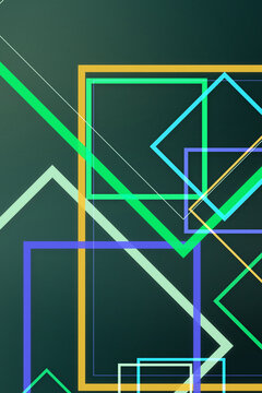 Layered neon lines and angular frames intersect across a deep green field, creating a sleek, energetic visual backdrop for technology, branding, websites, and contemporary layouts.