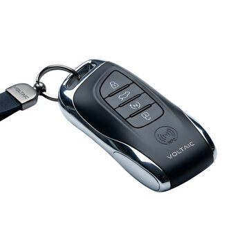 Modern smart car key fob with NFC technology, sleek black and chrome automotive remote, wireless vehicle security entry system