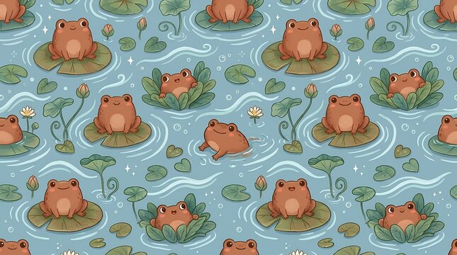 Adorable Cute Brown Frog Characters Among Water Leaves And Gentle Waves Seamless Repeat Pattern Background frog cartoon cute pattern seamless lotus leaf wave grass brown background repeat amphibian