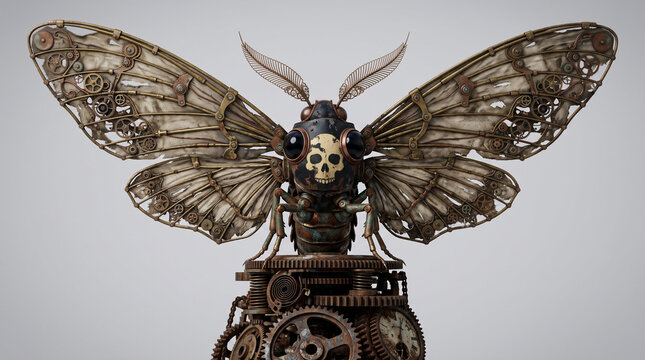 Steampunk mechanical moth with skull motif. Biomechanical insect made of brass gears and tattered fabric wings on clockwork base. Dark 3D concept