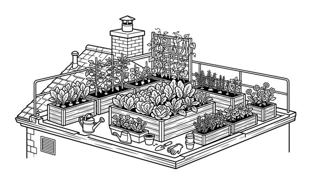 Sustainable urban rooftop vegetable garden with wooden planters and gardening tools