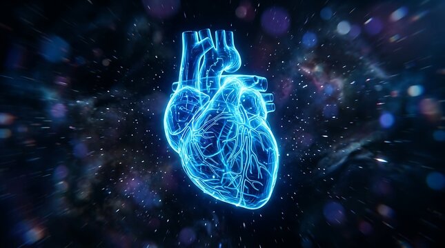 Anatomical human heart with blue glowing light and space background