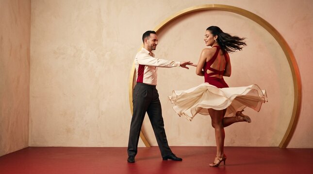 Dynamic Salsa Couple at the End of a Rapid Spin, Ruby Dress and Ivory Chiffon Capturing Rotational Momentum with Guiding Hand and Subtle Smile