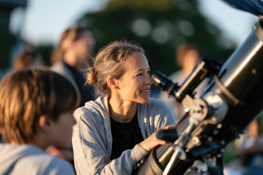 A woman enjoys a moment observing through a telescope at a community stargazing event, embodying curiosity and the joy of scientific exploration amidst a lively crowd.