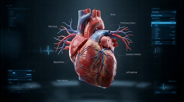 Anatomical human heart with digital medical data display
