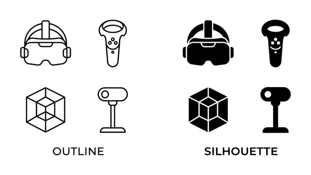 Virtual Reality Icon Set: A set of virtual reality icons presented in both outline and silhouette styles, featuring a VR headset, controller, cube, and scanner.