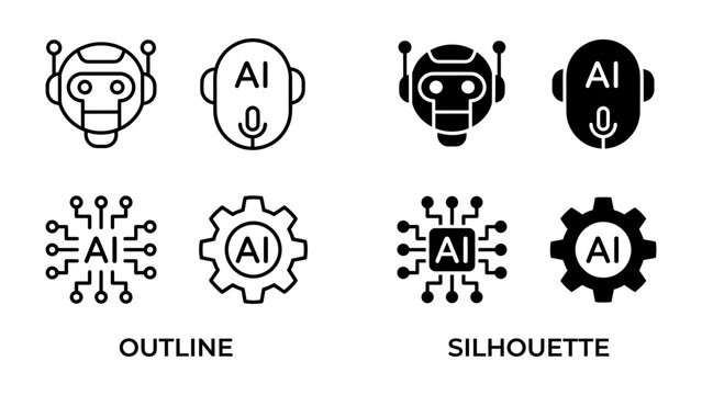 AI Icons: A collection of outline and silhouette icons representing Artificial Intelligence, including robotic heads and circuits, symbolizing technological advancement and digital intelligence.