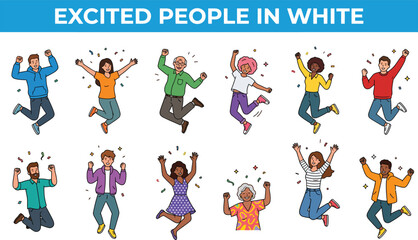 Fototapeta premium Excited happy people set. Cheerful male and female characters jumping, celebrating success. Fun, joy and energy poses. Positive men, women. Flat vector illustrations isolated on white background