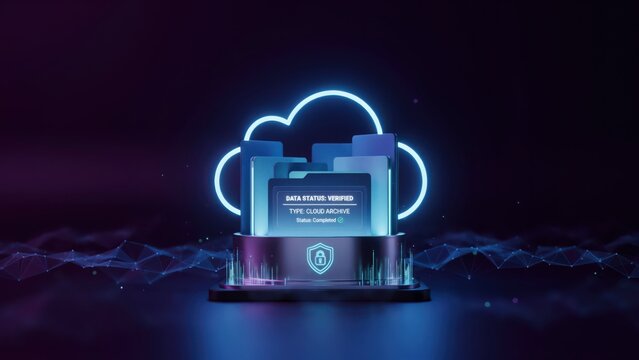 A glowing neon cloud hovering above a stack of digital file folders, featuring a verified data status label on a dark blue background