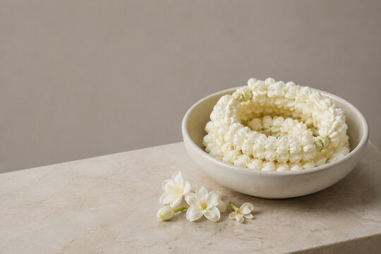Ceramic bowl with sampaguita garland on stone slab, premium understated mood