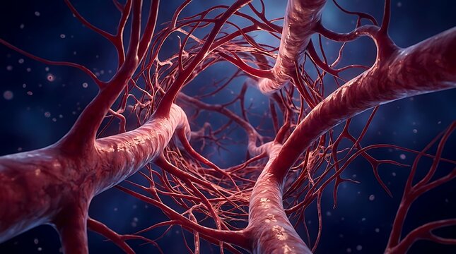 Red blood vessel network on blue background