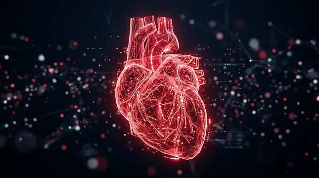 Red glowing wireframe human heart with digital particles