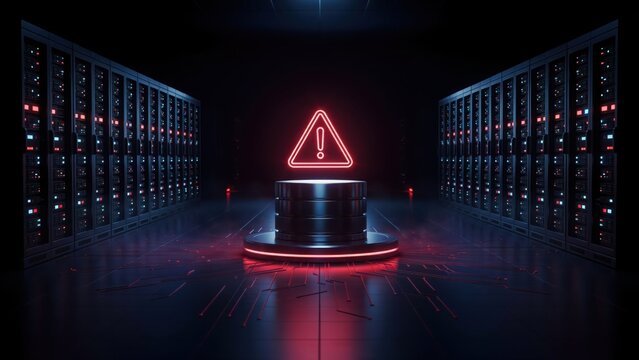 A dark server room with rows of computer racks and a glowing red neon warning triangle sign above a central data storage cylinder, 3d technology